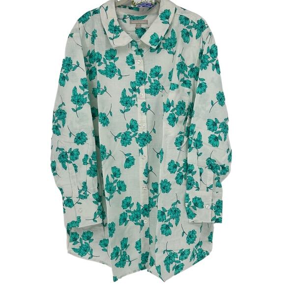 Woman Within Tops - Woman Within White With Green Floral Design Top Size 26/28